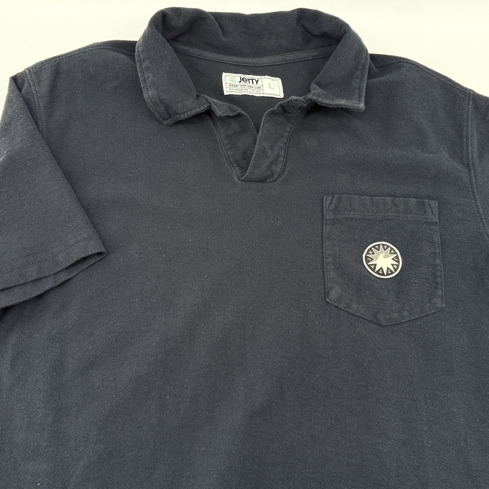 Jetty Shirt Open Collar Men's L Short Sleeve  Logo on Chest‎ Pocket Casual Black